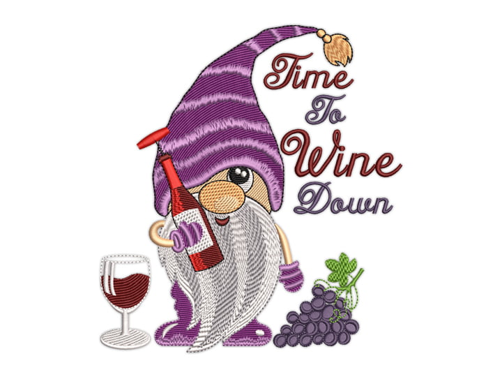 wine gnome embroidery design, gnome drinking wine embroidery design, wine cork gnomes embroidery designs