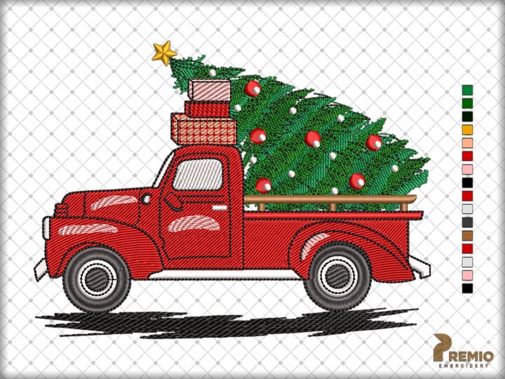 Christmas Embroidery Design, Christmas Truck Embroidery Design by Premio Embroidery